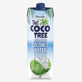A 1L carton of "Flavita - The Coco Tree Coconut Water" features a palm and coconut splash design, promoting its fat-free, hydrating nature and high potassium content.